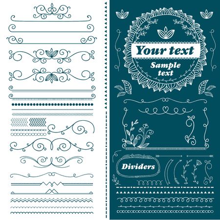 Vintage hand drawn divider lines set isolated vector illustration. Retro collection of page divider, border, frame, doodle. Floral, scroll, laurel page decoration, decorative ornament design elementsのイラスト素材