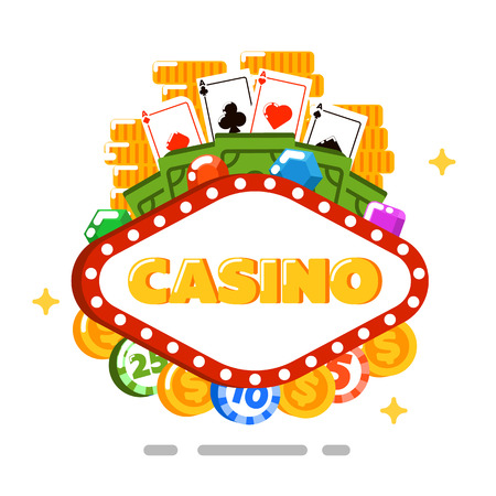 Casino concept isolated on white background vector illustration. Poker club design with playing cards, gambling chips and money in flat style. Casino banner for game of chance, fortune entertainmentのイラスト素材