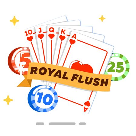 Poker concept isolated on white background vector illustration. Casino banner for game of chance and fortune. Royal flush set, poker club design with playing cards and gambling chips in flat style.のイラスト素材