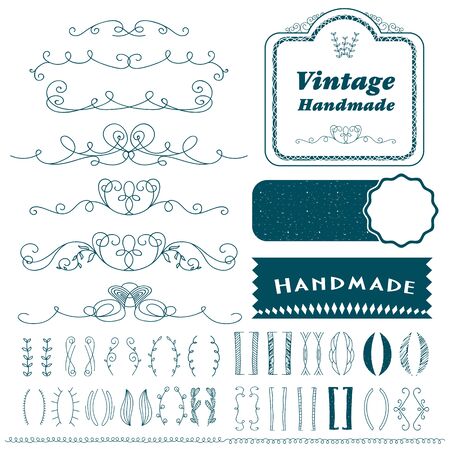 Vintage hand drawn divider lines set isolated vector illustration. Retro collection of page divider, border, frame, doodle. Floral, scroll, laurel page decoration, decorative ornament design elementsのイラスト素材