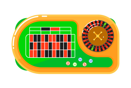 Casino concept isolated on white background vector illustration. Poker club design with top view of roulette table and gambling chips in flat style. Casino banner for game of chance and fortuneのイラスト素材