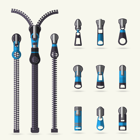 Zipper and fastener vector set isolated on white background vector illustration. Open and closed zipper with slider, clothing zip collection, fashion slide fastener element. Zipper in flat design.のイラスト素材