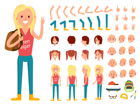 Teenager female character creation set vector illustration. Girl constructor with various gesture, emotion on face, hand, leg, pose, hairstyle. Front, side, back view animated teenager with backpackの写真素材