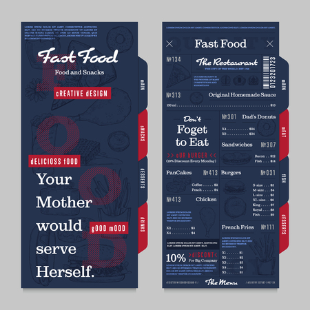 Restaurant or cafe menu vintage design vector illustration. Fast food and snacks brochure, cafe price catalog with food sketches.のイラスト素材