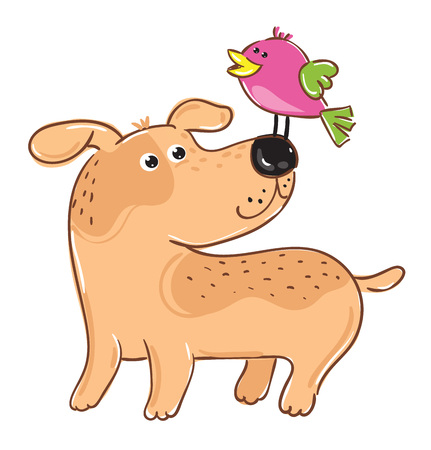 Dog with bird cartoon character isolated on white background vector illustration. Funny comic animal mascot, cute friendly pets design for petshop. Hand drawn colorful dog and bird artwork.のイラスト素材