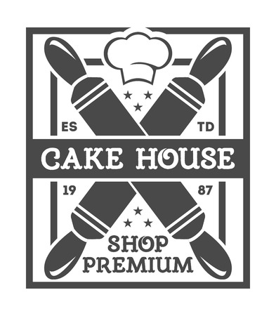 Bakery shop vintage isolated label vector. Bread and cake house symbols. Sweet bakery icon. Cakes and pastries logo. Baked goods. Bakery shop logo vector on white backgroundのイラスト素材