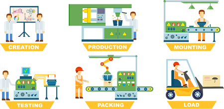 Industrial manufacture set isolated on white background vector illustration. Creation, production, mounting, testing, packing, load concept with people. Industrial manufacture collection in flat styleのイラスト素材