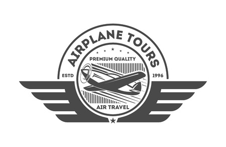 Airplane vintage isolated label vector illustration. Wind riders show and best pilot symbols. Airplane academy and flying club sign. Air travel and plane tours logo. Airplane shool logo templateのイラスト素材