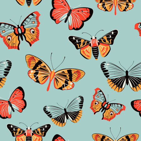Butterfly seamless pattern vector illustration. Colorful vintage tropical pattern with butterfly moth isolated on blue background. Nature wallpaper design, insect backdropのイラスト素材