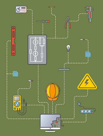 Electricity engineering infographic vector illustration. Electrician professional instrument, construction and management. Safety helmet, multimeter, electronic circuit, spirit level, power stripのイラスト素材