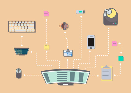 Web programming infographic concept vector illustration. Desktop computer, smartphone, usb drive, keyboard, mouse.のイラスト素材