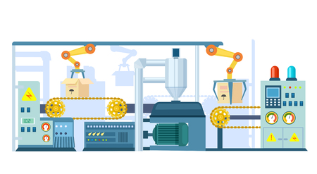Factory conveyor on packing in flat design vector illustration. Automatic production line with cardboard boxes. Industrial machine, production line, robotic conveyor belt system, engineering conceptの写真素材