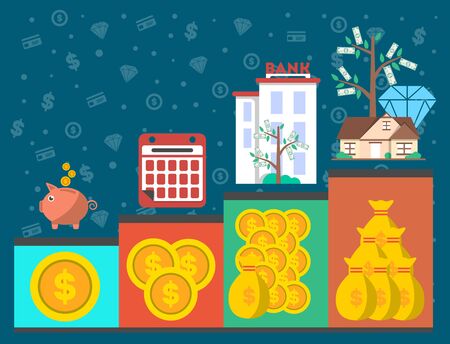 Investment infographic concept vector illustration. Smart investment in securities, commercial real estate, jewelry and cash, bank deposits. Financial strategic management and planning designのイラスト素材