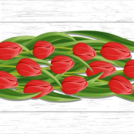 Spring background with red blooming tulip flower on white background vector illustration. Floral decorated spring design for holiday, love celebration, nature feast congratulation cardのイラスト素材