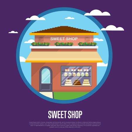 Sweet shop banner in flat design vector illustration. Candy bar, chocolate store, dessert cafe, confectionery retail concept. Commercial public building in front with signboard and showcase on streetのイラスト素材