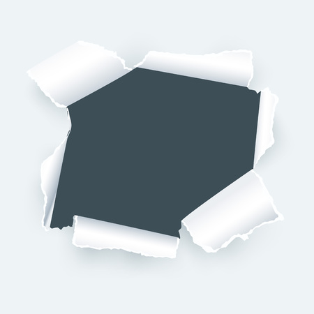 Realistic round torn paper isolated vector illustration. Holes in white paper with torn sides over gray background with space for text. Opening showing space templateのイラスト素材