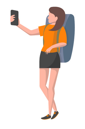 Young girl with backpack taking selfie vector illustration isolated on white background. Tourist people in flat design. Outdoor traveling, nature vacation concept.のイラスト素材
