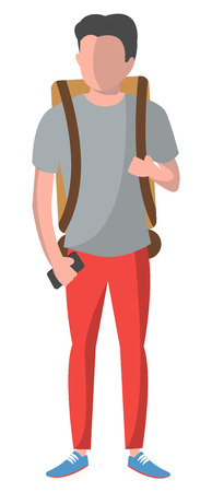 Standing young man with backpack and smartphone vector illustration isolated on white background. Tourist people in flat design. Outdoor traveling, nature vacation concept.のイラスト素材