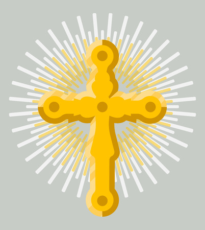 Golden orthodox cross icon isolated on grey background vector illustration. Christianity religion symbol in flat design.のイラスト素材