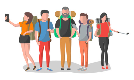 Travel people set vector illustration isolated on white background. Young man and woman standing with backpack. Tourist people ready for outdoor traveling, nature vacation concept in flat design.のイラスト素材