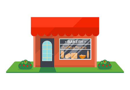 Bakery shop facade isolated on white background vector illustration. Retail building with showcase, city architecture element in flat design.のイラスト素材