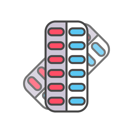 Pill in blister pack linear icon isolated on white background vector illustration. Medical pharmacy symbol, healthcare and treatment colorful pictogram.のイラスト素材