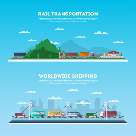 Road and railway commercial transportation banner set. Logistics and cargo delivery business concept. Worldwide freight shipping company, global postal service vector illustration in flat design.のイラスト素材