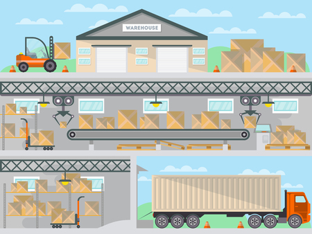 Commercial freight service business banner. Loading in storehouse vector illustration with freight truck and forklift. Goods distribution, shipping company, cargo delivery and logistics.のイラスト素材