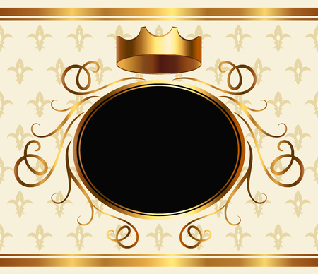 Royalty style event invitation template with golden crown and copy space for text. Medieval heraldic background, monarchy design element, elegant aristocratic greeting card vector illustration.のイラスト素材