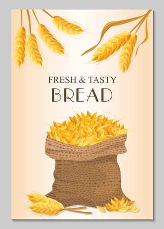 Fresh & tasty bread banner with sack of wheat. Bakery design element, organic local farming, healthy and natural agriculture. Background with wheat bread ears, cereal crop harvest vector illustrationのイラスト素材