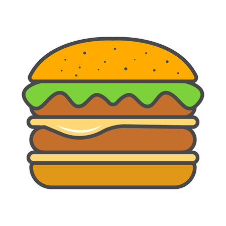 Hamburger or cheeseburger icon vector illustration isolated on white background. Cafe or restaurant fast food snack, eating menu pictogram.のイラスト素材