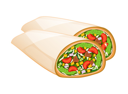 Mexican burrito vector illustration isolated on white background. Cafe or restaurant fast food snack, eating menu element.のイラスト素材