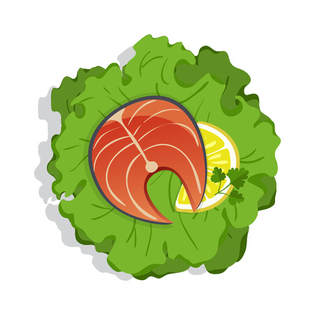 Salmon steak on green salad icon vector illustration isolated on white background. Fish cafe or restaurant, top view eating menu pictogram.のイラスト素材