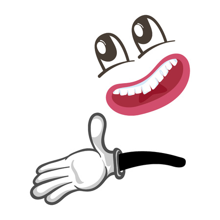 Cheerful smiley face with open hand gesture. Funny facial expression, cute comic emoji, emoticon character isolated vector illustration.のイラスト素材