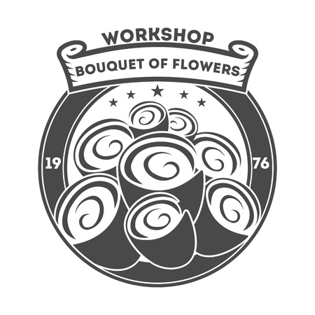 Boutique of flowers vintage isolated label. Florist business company advertising element in monochrome style vector illustration.のイラスト素材