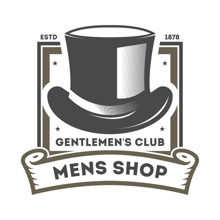Mens shop vintage isolated label with cylinder hat and mustache. Gentleman club badge, male barber shop symbol vector illustrationのイラスト素材