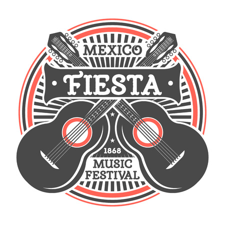 Mexican fiesta vintage isolated label with guitar. Traditional authentic mexican culture element, national festival event emblem vector illustration.のイラスト素材