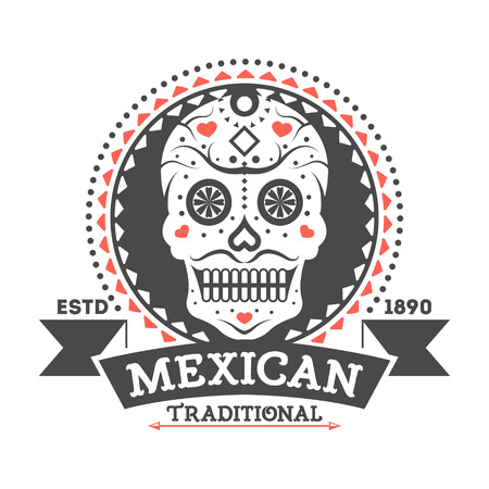 Mexican vintage isolated label with sugar skull. Traditional authentic mexican culture element, national festival event emblem vector illustration.のイラスト素材