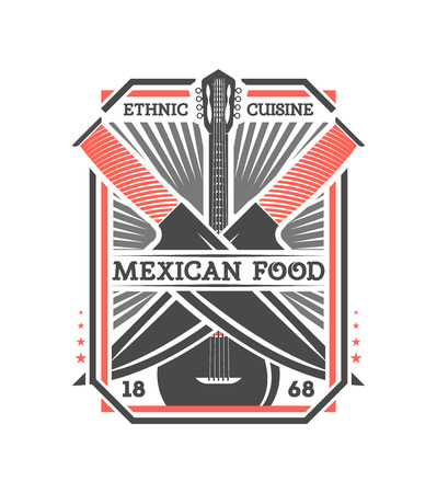 Mexican food vintage isolated label. Traditional authentic mexican culture element, national festival event emblem vector illustration.のイラスト素材