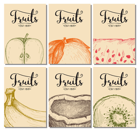 Natural fruits posters with apple, orange, watermelon, banana, coconut, kiwi hand drawn sketches. Vegetarian product vector illustration, fresh and natural fruit design. Vegan cafe menu cover templateのイラスト素材