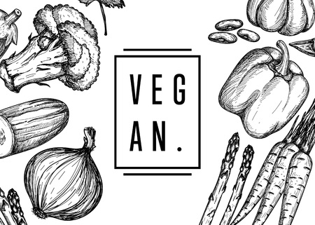 Vegan food hand drawn banner with onion, carrot, pepper, broccoli, beans pencil sketches. Vegetarian product advertisement, fresh and natural vegetables vintage vector illustration design.のイラスト素材