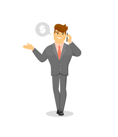 Smiling businessman speaking on phone. Standing young man in business suit and tie talking about business isolated vector illustration.のイラスト素材