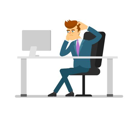 Businessman entrepreneur working on computer. Young man in business suit and tie sitting at office table isolated vector illustration.のイラスト素材