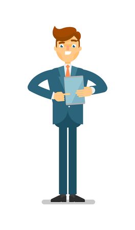 Smiling businessman with tablet computer. Standing young man in business suit and tie isolated vector illustration.のイラスト素材