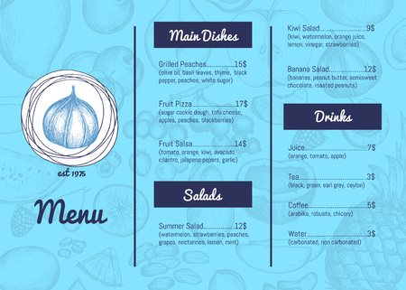 Vegan restaurant menu hand drawn design with fruits sketches. Vegetarian cafe price catalog with salads, drinks and main dishes sections, healthy and natural food card vector illustration template.のイラスト素材