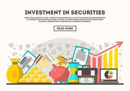 Investment in securities vector illustration. Flat line design concept for securities market, smart investment, strategic management for marketable securities, financial analysis and business planningのイラスト素材
