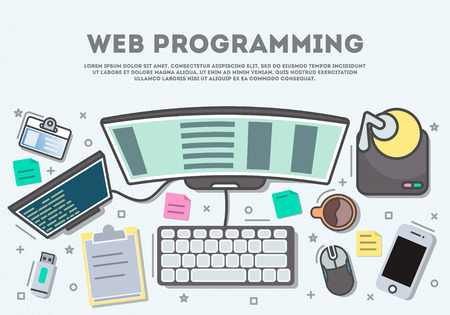 Web programming top view banner in line art style vector illustration. Desktop computer, smartphone, usb drive, mouse. Website development, seo, software coding, web design, testing and debugging.のイラスト素材