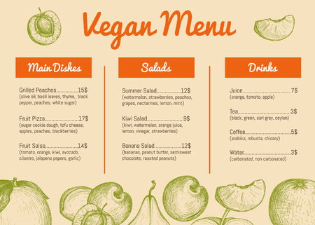 Vegan cafe menu hand drawn design with fruits sketches. Vegetarian restaurant price catalog with salads, drinks and main dishes sections, healthy and natural food card vector illustration template.のイラスト素材