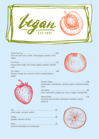 Vegetarian cafe menu hand drawn design with orange, apricot, strawberry fruit sketches. Vegan restaurant price catalog, healthy food card vector illustration. Identity typographic menu brochure layoutのイラスト素材