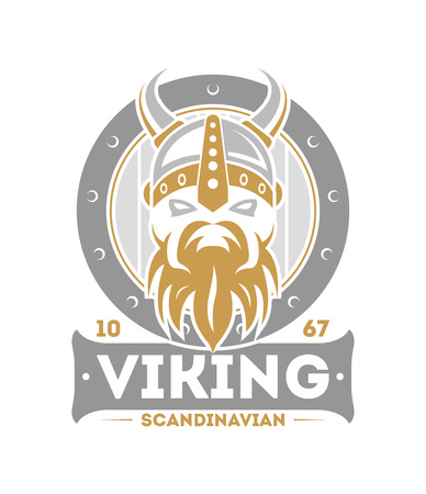 Viking warrior isolated label with horned helmet. Scandinavian viking badge, medieval barbarian emblem, nordic culture vector illustration.のイラスト素材